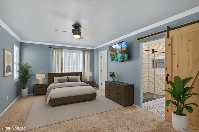 4535 Hunterwood Dr, Highlands Ranch, CO 80130 - bedroom with carpet flooring, multiple windows, crown molding, a barn door, and ceiling fan