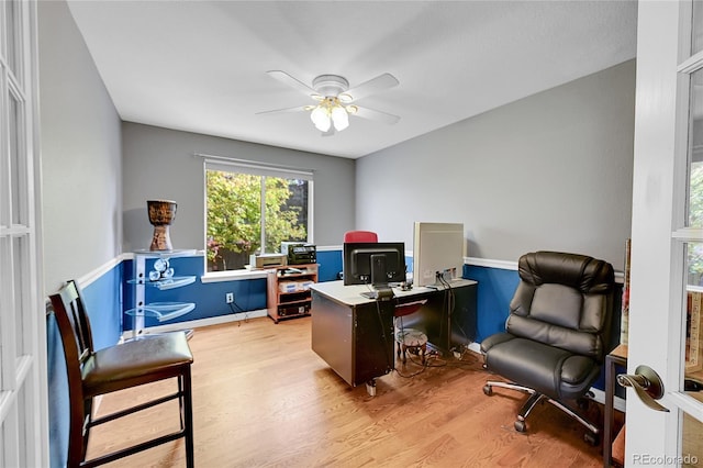 office area with ceiling fan and light wood-type flooring