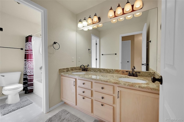 full bathroom with vanity, toilet, and shower / bathtub combination with curtain