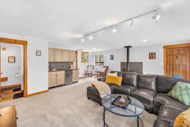 32217 Buffalo Park Rd, Evergreen, CO 80439 - living area with track lighting, a wood stove, and light carpet