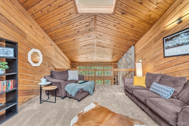 32217 Buffalo Park Rd, Evergreen, CO 80439 - carpeted living room with wood walls, wooden ceiling, and lofted ceiling