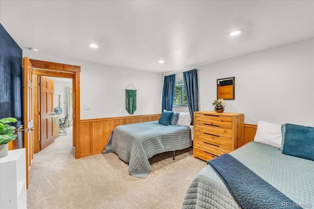 32217 Buffalo Park Rd, Evergreen, CO 80439 - bedroom featuring a wainscoted wall, wood walls, light colored carpet, and recessed lighting