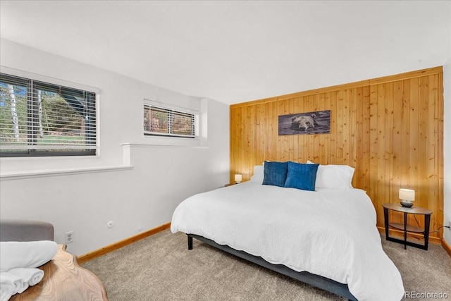 32217 Buffalo Park Rd, Evergreen, CO 80439 - carpeted bedroom with wooden walls, multiple windows, and baseboards