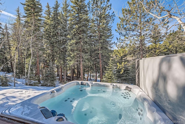 32217 Buffalo Park Rd, Evergreen, CO 80439 - view of swimming pool with a hot tub and a wooded view