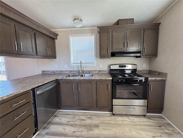 kitchen featuring extractor fan, stainless steel appliances, a sink, dark brown cabinets, and light wood finished floors