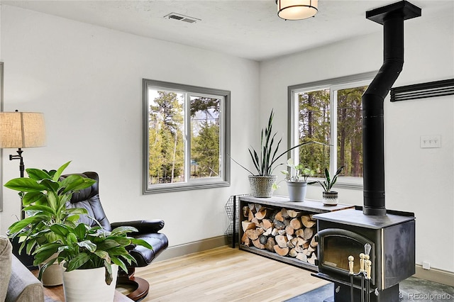 10887 Goodheart Ave, Conifer, CO 80433 - office with a wood stove, light wood-type flooring, and baseboards