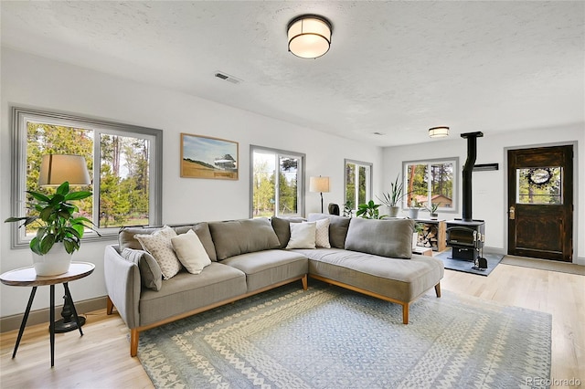 10887 Goodheart Ave, Conifer, CO 80433 - living area featuring light wood-type flooring, plenty of natural light, a wood stove, a textured ceiling, and baseboards