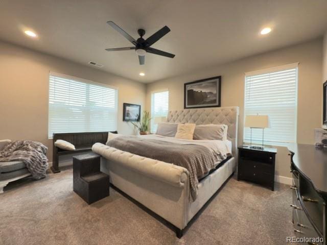 734 Flamecrest Dr, Fruita, CO 81521 - bedroom featuring light carpet, recessed lighting, and a ceiling fan