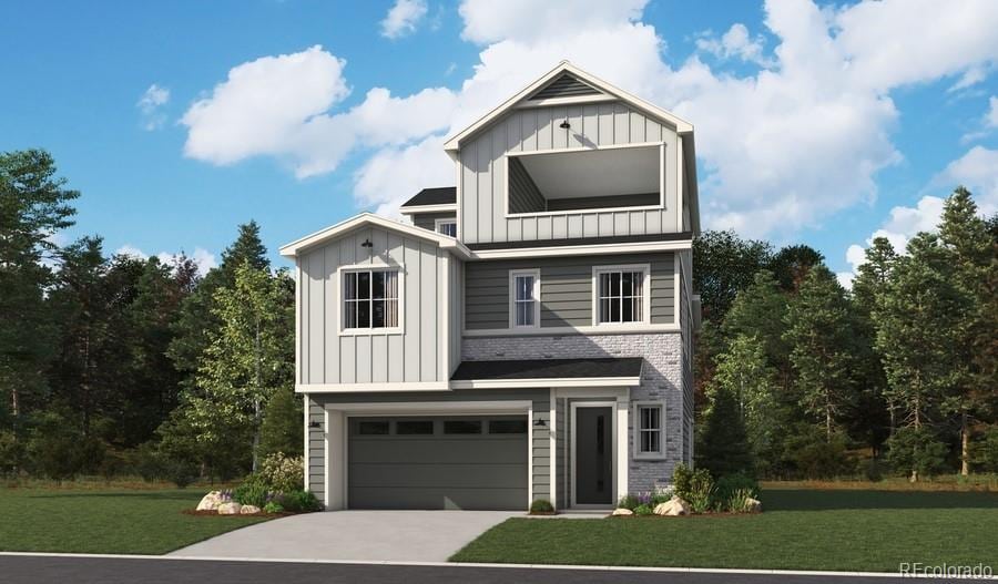 view of front facade featuring a garage, driveway, a front lawn, board and batten siding, and brick siding