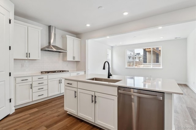 8462 Eagle River St, Littleton, CO 80125 - kitchen with light wood finished floors, a sink, wall chimney exhaust hood, and appliances with stainless steel finishes