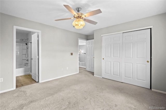 1160 S Fultondale Ct, Aurora, CO 80018 - unfurnished bedroom featuring carpet flooring, baseboards, a closet, connected bathroom, and a ceiling fan