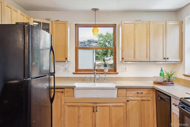 2311 W 46th Ave, Denver, CO 80211 - kitchen with freestanding refrigerator, dishwasher, a sink, and light brown cabinets