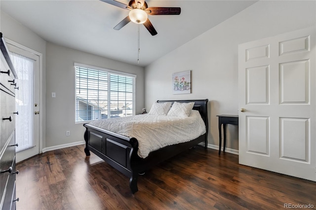 bedroom featuring ceiling fan, dark hardwood / wood-style flooring, and vaulted ceiling