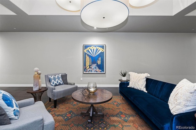 living room with a tray ceiling