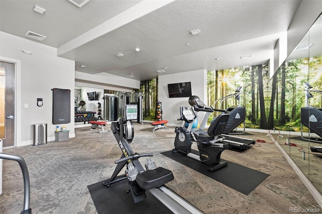 exercise room with a textured ceiling and carpet flooring