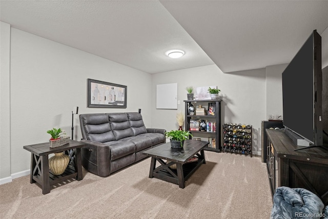 carpeted living room with a textured ceiling