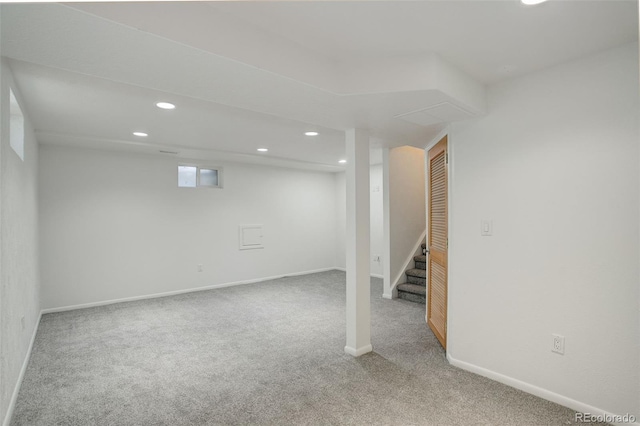 7552 Garland St, Arvada, CO 80005 - below grade area with carpet floors, recessed lighting, stairs, and baseboards