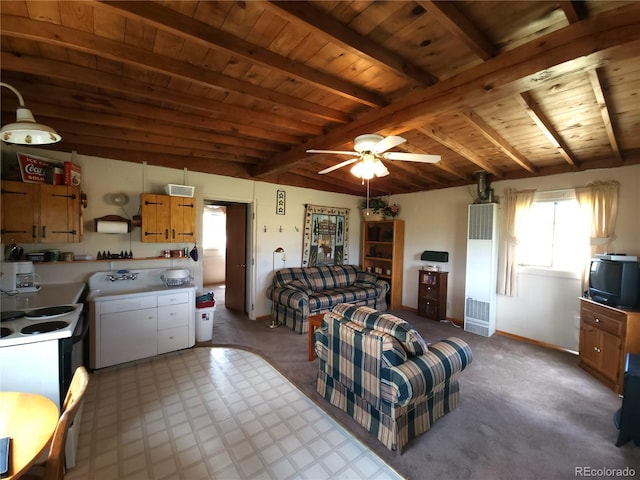 living room featuring wood ceiling, lofted ceiling with beams, and ceiling fan