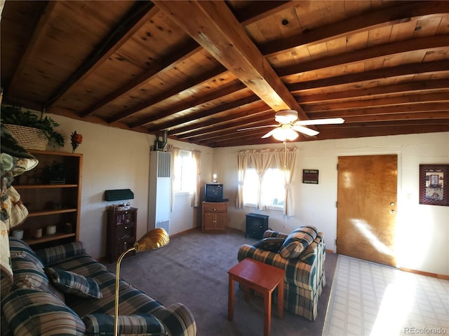 living room featuring wood ceiling, ceiling fan, and beam ceiling