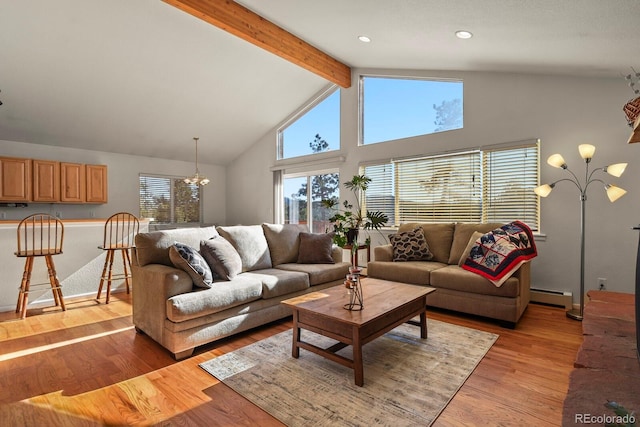 living room featuring beamed ceiling, a baseboard radiator, a chandelier, and light wood-type flooring