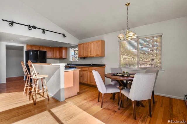 28730 Mountain View Rd, Conifer, CO 80433 - kitchen with freestanding refrigerator, a chandelier, vaulted ceiling, a center island, and a sink