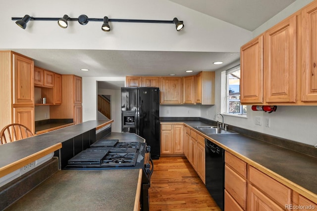 kitchen featuring sink, light hardwood / wood-style flooring, black appliances, and vaulted ceiling