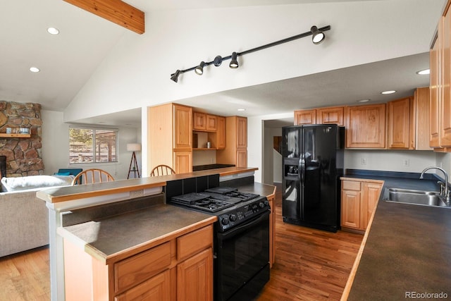 28730 Mountain View Rd, Conifer, CO 80433 - kitchen featuring black appliances, a sink, dark countertops, light wood-type flooring, and open floor plan