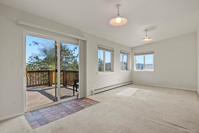28730 Mountain View Rd, Conifer, CO 80433 - carpeted spare room featuring baseboard heating, baseboards, and stone finish flooring