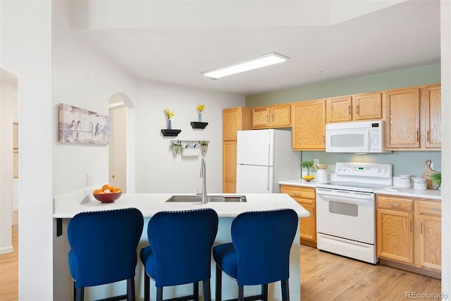 5735 N Genoa Way Unit 11-205, Aurora, CO 80019 - kitchen with a breakfast bar area, a peninsula, light wood-style floors, white appliances, and a sink