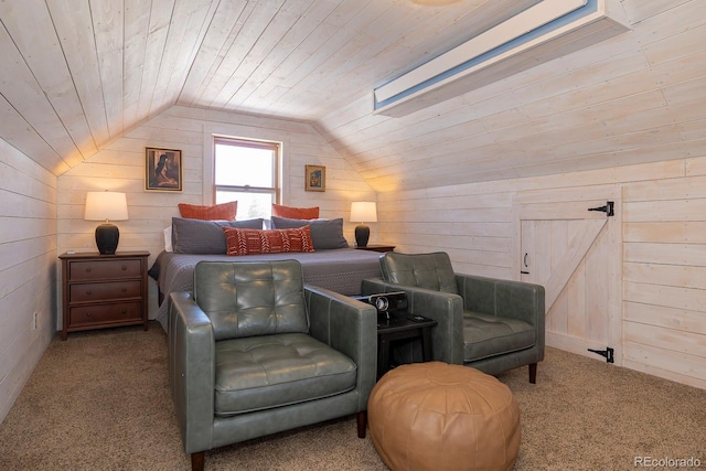 bedroom featuring wooden ceiling, lofted ceiling, and wooden walls