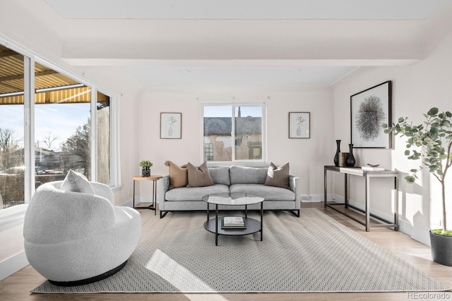 living room with beam ceiling and light wood-type flooring