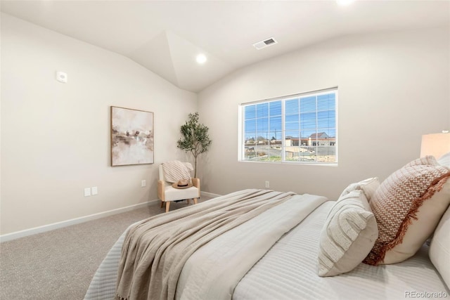 carpeted bedroom featuring lofted ceiling, baseboards, visible vents, and recessed lighting