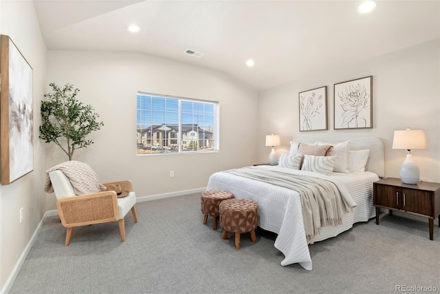 carpeted bedroom with baseboards, visible vents, vaulted ceiling, and recessed lighting