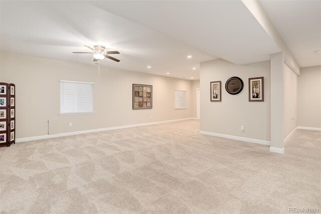 12513 Grape St, Thornton, CO 80241 - below grade area with light colored carpet, ceiling fan, and recessed lighting