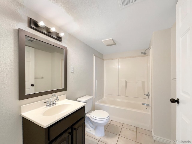 full bathroom with tub / shower combination, vanity, a textured ceiling, tile patterned flooring, and toilet