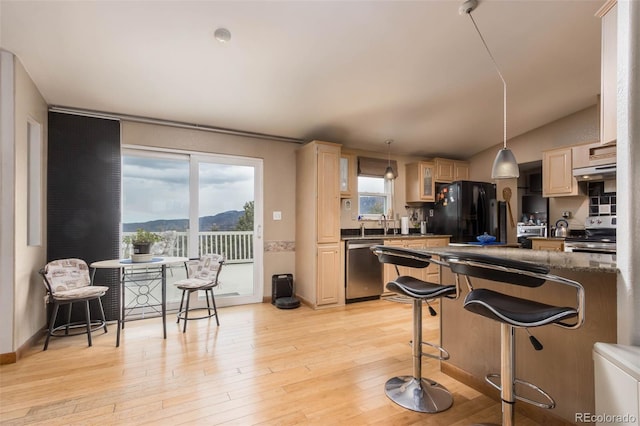 kitchen featuring hanging light fixtures, appliances with stainless steel finishes, light wood-type flooring, and a kitchen breakfast bar