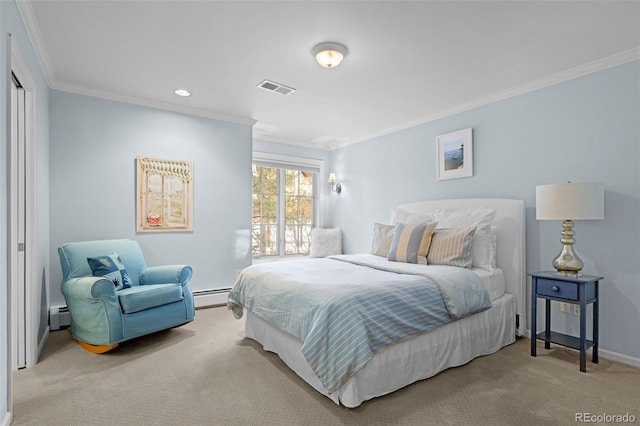 carpeted bedroom with crown molding, baseboards, visible vents, and a baseboard radiator