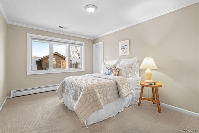 carpeted bedroom with baseboards, ornamental molding, a baseboard heating unit, and visible vents