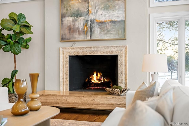 details with a lit fireplace