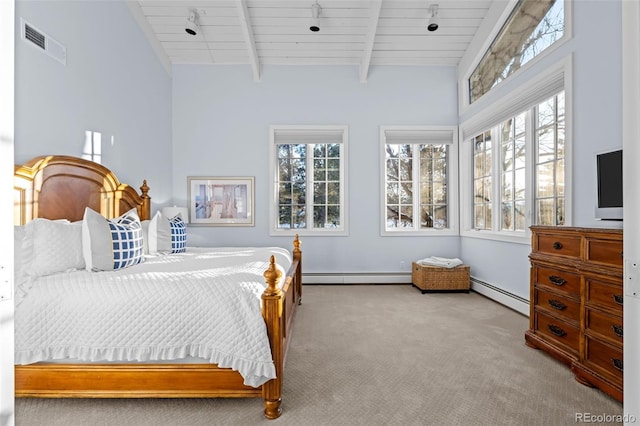 carpeted bedroom with visible vents, a baseboard radiator, wood ceiling, and lofted ceiling with beams