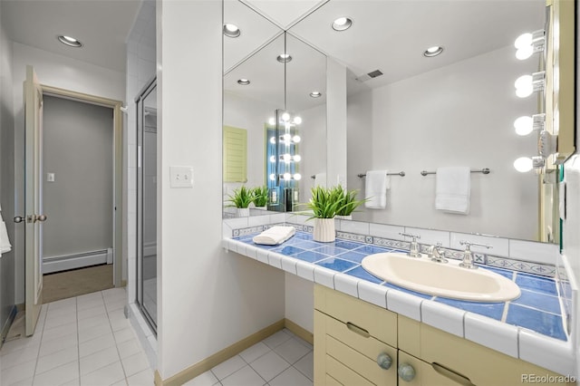 bathroom featuring visible vents, a baseboard radiator, vanity, and a shower stall