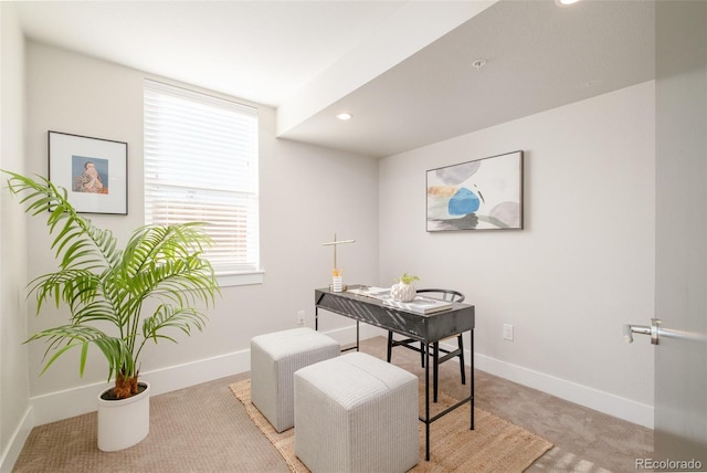 office featuring recessed lighting, light colored carpet, and baseboards