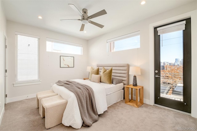 bedroom with recessed lighting, baseboards, light colored carpet, and access to exterior