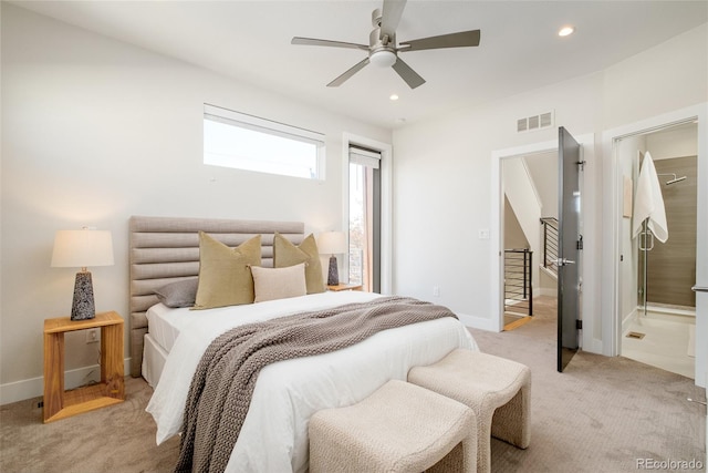 bedroom featuring light carpet, visible vents, recessed lighting, and baseboards