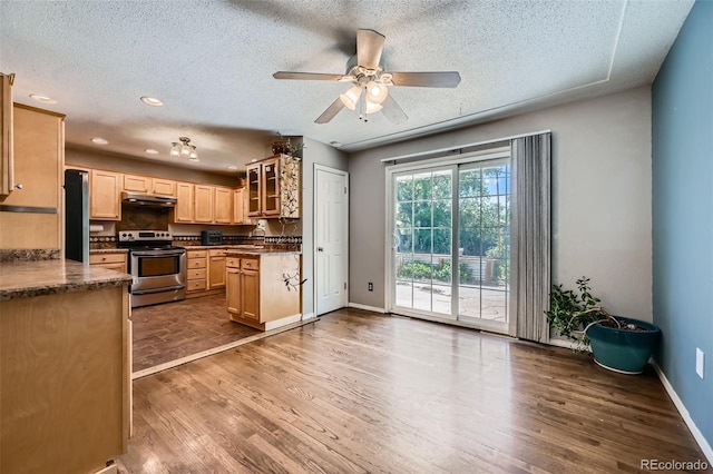 305 Cottonwood Ct, Longmont, CO 80501 - kitchen with electric stove, a ceiling fan, wood finished floors, light brown cabinetry, and baseboards