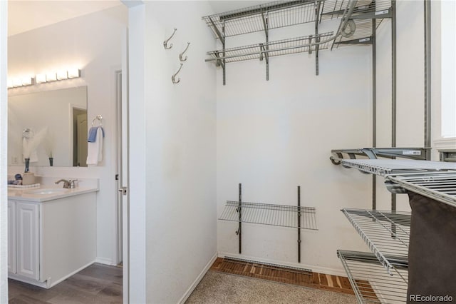 walk in closet featuring dark wood-type flooring and sink