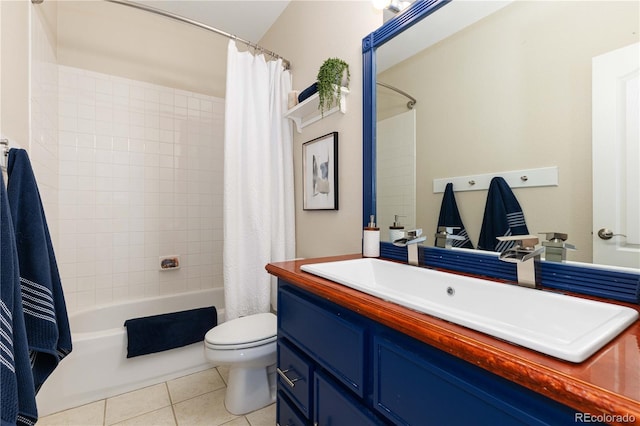 full bathroom featuring toilet, tile patterned flooring, shower / bath combination with curtain, and vanity