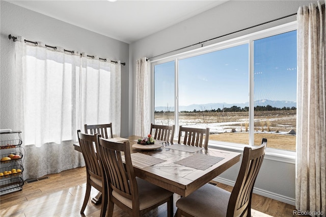 dining room featuring a mountain view and light hardwood / wood-style flooring