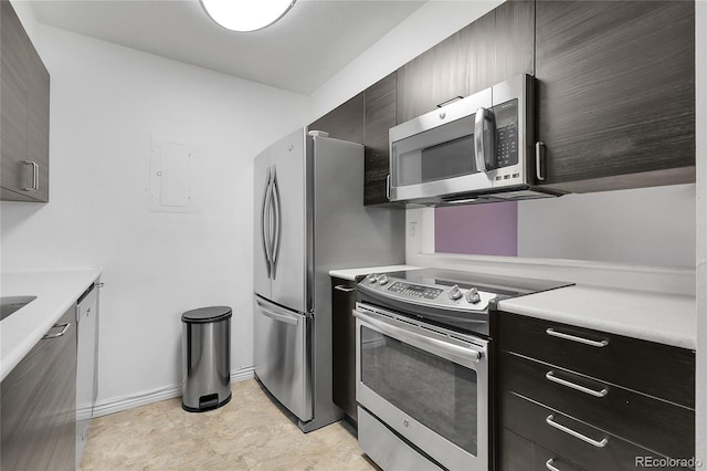 14214 E 1st Dr Unit B08, Aurora, CO 80011 - kitchen with appliances with stainless steel finishes, light countertops, modern cabinets, and electric panel