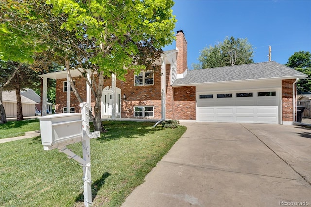 6842 Garland St, Arvada, CO 80004 - view of front of home with an attached garage, brick siding, concrete driveway, and a front lawn
